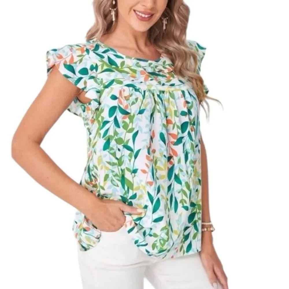 Emery Rose Leaf Pattern Flutter Sleeve Spring Summer Top Sz 4XL - Picture 1 of 9